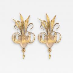 Pair of Sumptuous Gold Murano Glass Leave Wall Sconces - 4745021
