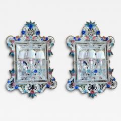Pair of Superb Murano Glass Mirrors with Wall Lights By Veneziani Arte - 4688671