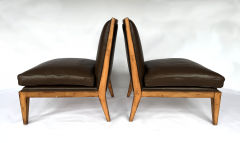 Pair of Swaim Modern Brown Leather Armless Oak Slipper Chairs - 4721526
