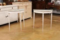 Pair of Swedish 1920s Gustavian Style Painted Demilune Tables with Carved Aprons - 3509178