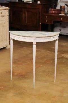 Pair of Swedish 1920s Gustavian Style Painted Demilune Tables with Carved Aprons - 3509186