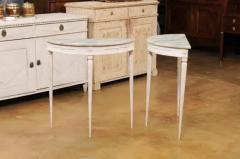 Pair of Swedish 1920s Gustavian Style Painted Demilune Tables with Carved Aprons - 3509240