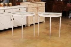Pair of Swedish 1920s Gustavian Style Painted Demilune Tables with Carved Aprons - 3509284