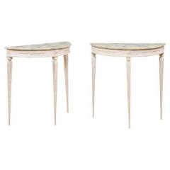 Pair of Swedish 1920s Gustavian Style Painted Demilune Tables with Carved Aprons - 3509300