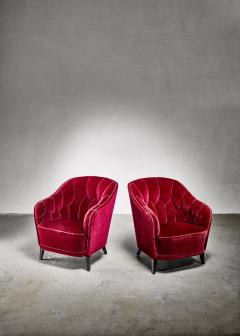 Pair of Swedish Burgundy red velvet easy chairs 1930s 40s - 1186905