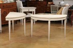 Pair of Swedish Gustavian Style 1880s Painted Demilune Tables with Carved Motifs - 3521497