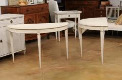 Pair of Swedish Gustavian Style 1880s Painted Demilune Tables with Carved Motifs - 3521629