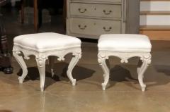 Pair of Swedish Rococo Style Carved Painted Upholstered Stools circa 1890 - 3415672