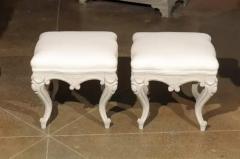 Pair of Swedish Rococo Style Carved Painted Upholstered Stools circa 1890 - 3415687