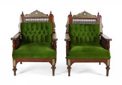 Pair of Syrian Style Inlaid and Upholstered Walnut Armchairs - 2798257