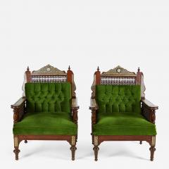 Pair of Syrian Style Inlaid and Upholstered Walnut Armchairs - 2798635