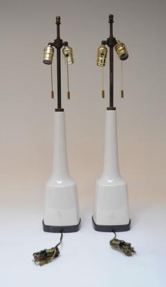 Pair of Tall American Modernist White Porcelain and Brass Tables Lamps - 3452539
