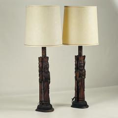 Pair of Tall Hand Carved Wood Lamps from Spain with Original Shades - 3732287