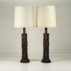 Pair of Tall Hand Carved Wood Lamps from Spain with Original Shades - 3732290