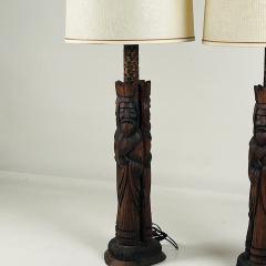 Pair of Tall Hand Carved Wood Lamps from Spain with Original Shades - 3732291