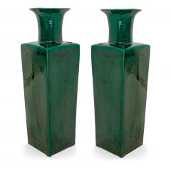 Pair of Tall Square Emerald Green Vases - 4444319