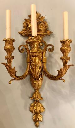 Pair of Three Arm Bronze Wall Sconces French Louis XVI Style Bronze Dore - 2975732