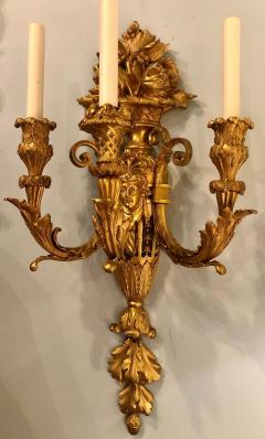Pair of Three Arm Bronze Wall Sconces French Louis XVI Style Bronze Dore - 2975735
