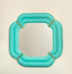 Pair of Tiffany Blue Murano Glass And Brass Square Scalloped Mirrors Italy - 3879685