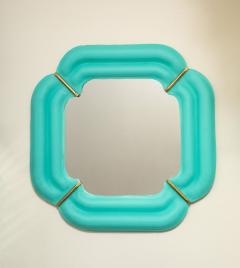 Pair of Tiffany Blue Murano Glass And Brass Square Scalloped Mirrors Italy - 3879688