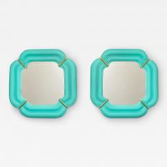 Pair of Tiffany Blue Murano Glass And Brass Square Scalloped Mirrors Italy - 3883829