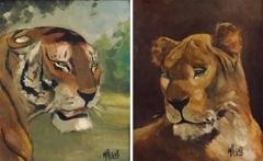 Pair of Tiger and Lion Art Deco Framed Paintings - 920771