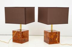 Pair of Tortoise Shell Style Bronze Lamps with Brown and Gold Shades Italy - 1607469