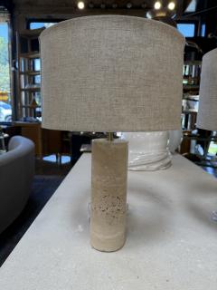 Pair of Travertine Cylinder Table Lamps with Linen Drum Shades - 4577951
