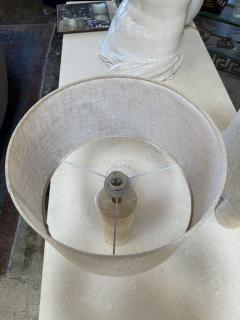 Pair of Travertine Cylinder Table Lamps with Linen Drum Shades - 4577953