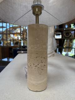 Pair of Travertine Cylinder Table Lamps with Linen Drum Shades - 4577954