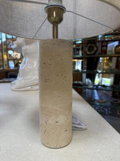 Pair of Travertine Cylinder Table Lamps with Linen Drum Shades - 4577955