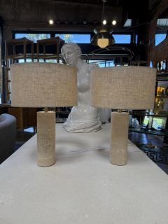 Pair of Travertine Cylinder Table Lamps with Linen Drum Shades - 4577957