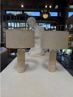 Pair of Travertine Cylinder Table Lamps with Linen Drum Shades - 4687634