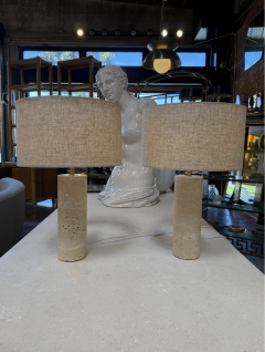 Pair of Travertine Cylinder Table Lamps with Linen Drum Shades - 4687638