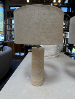 Pair of Travertine Cylinder Table Lamps with Linen Drum Shades - 4687639