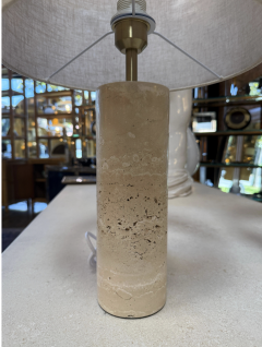Pair of Travertine Cylinder Table Lamps with Linen Drum Shades - 4687640