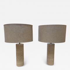 Pair of Travertine Cylinder Table Lamps with Linen Drum Shades - 4688716