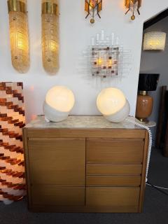 Pair of Travertine and Opaline Glass Culbuto Lamps Italy 1980s - 4616357