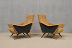 Pair of Turin School Armchairs in Walnut and Ochre Navy Boucl Italy 1950s - 4003911