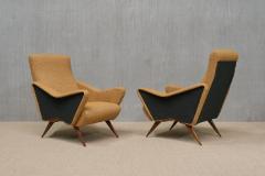 Pair of Turin School Armchairs in Walnut and Ochre Navy Boucl Italy 1950s - 4003914