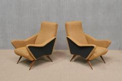 Pair of Turin School Armchairs in Walnut and Ochre Navy Boucl Italy 1950s - 4003915