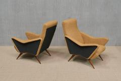 Pair of Turin School Armchairs in Walnut and Ochre Navy Boucl Italy 1950s - 4003917