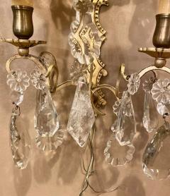 Pair of Two Light Covered Mixed Crystal and Rock Crystal Bronze Wall Sconces - 2974100