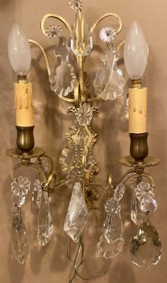 Pair of Two Light Covered Mixed Crystal and Rock Crystal Bronze Wall Sconces - 2974104