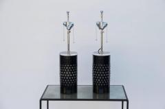 Pair of Unusual Textured Glass Cylinder Lamps with Custom Shades - 875471