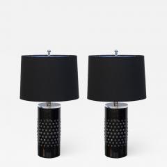 Pair of Unusual Textured Glass Cylinder Lamps with Custom Shades - 876070