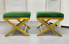 Pair of Upholstered Velvet and Brass X Benches - 2427540