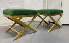Pair of Upholstered Velvet and Brass X Benches - 2427541
