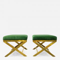 Pair of Upholstered Velvet and Brass X Benches - 2429659