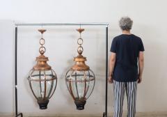 Pair of Very Large Copper and Glass Lanterns Italy 1940s - 4229133